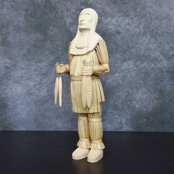 Folk Art Native American Handmade Wood Corn Husk Statue Thanksgiving Decor